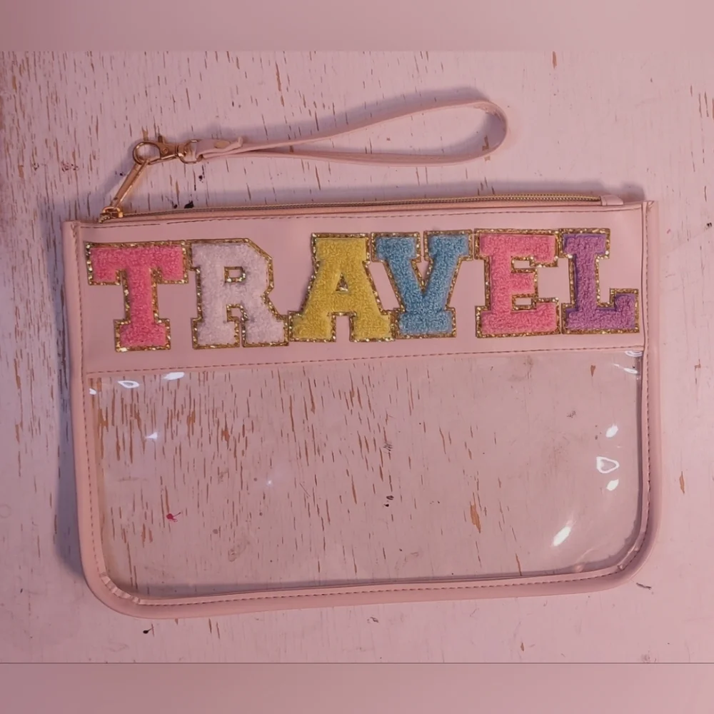 Chenille Letter Travel Zipper Pouch Bag Cosmetics Makeup Toiletry Vacation Shine